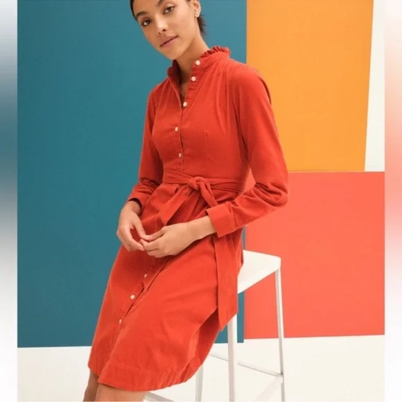 J. Crew burnt orange corduroy button down waist tie ruffle neck dress, size 18 - Picture 4 of 11